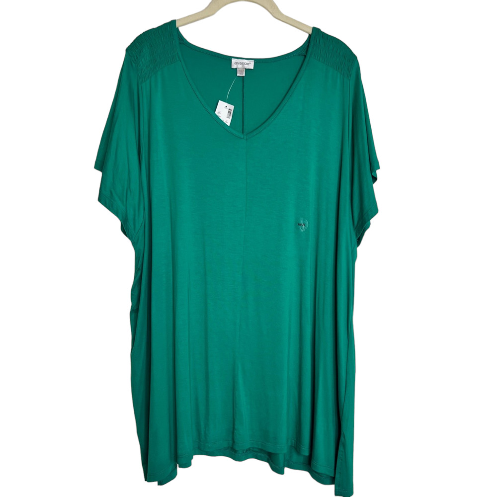 Avenue Womens A-Line Tunic Size 18/20 Green Short Sleeve Smocked Shoulders New